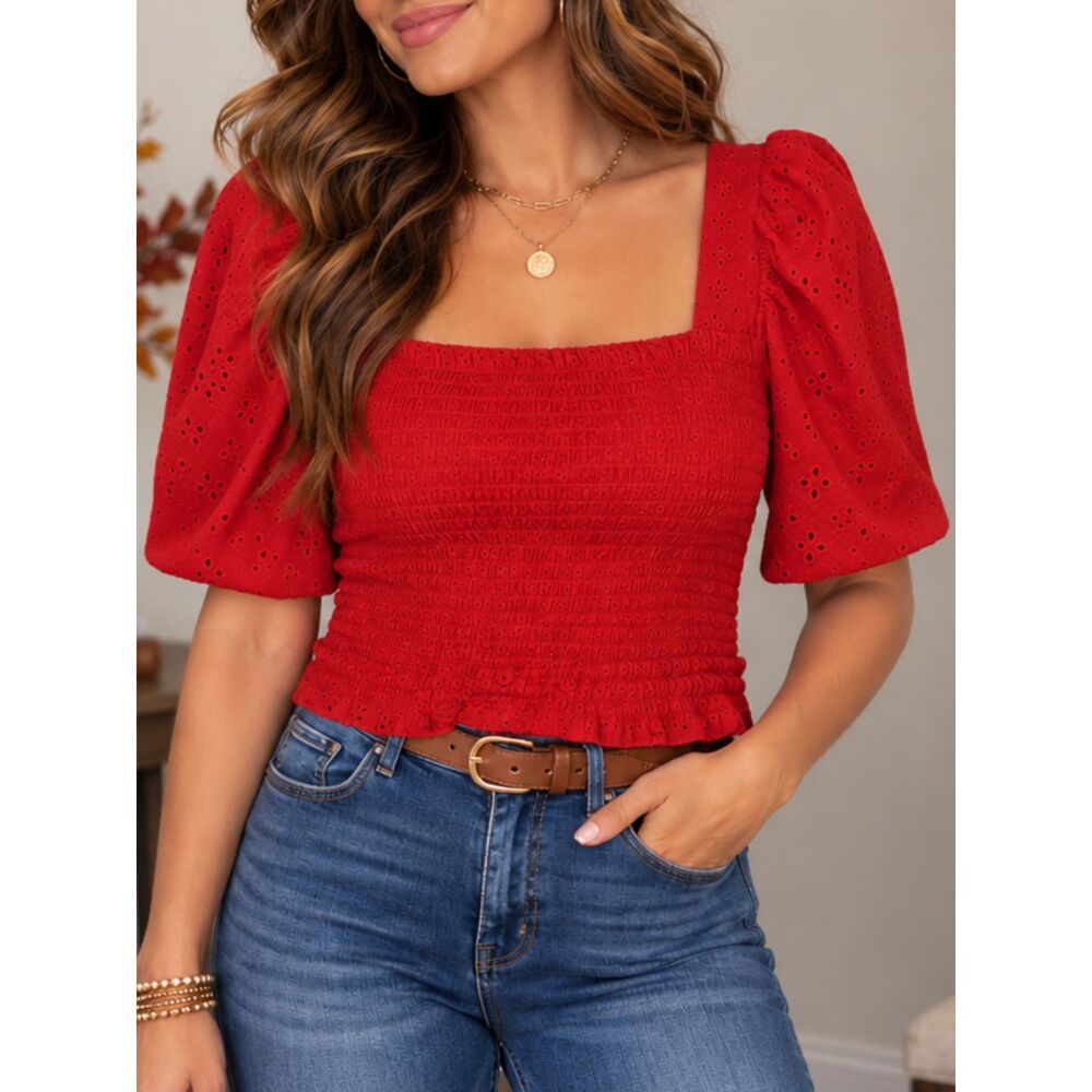NEW! LOFT Red Eyelet Smocked Puff Sleeve Square Neck Cottagecore Top Medium